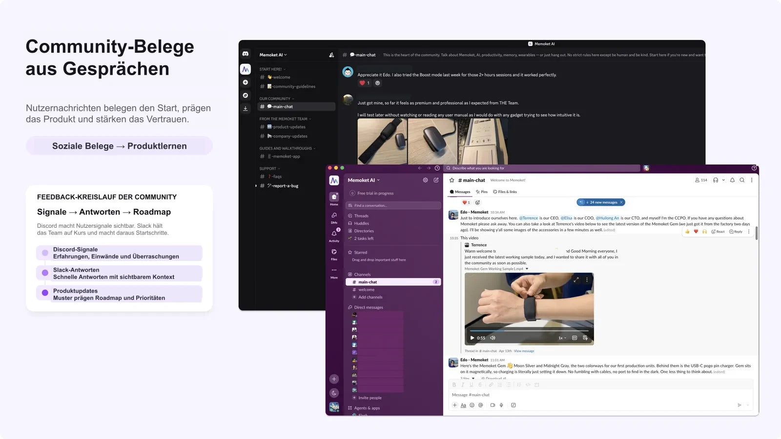 Deutsches Schaubild zum Feedback-Kreislauf der Community neben originalen englischen Discord- und Slack-Screenshots.