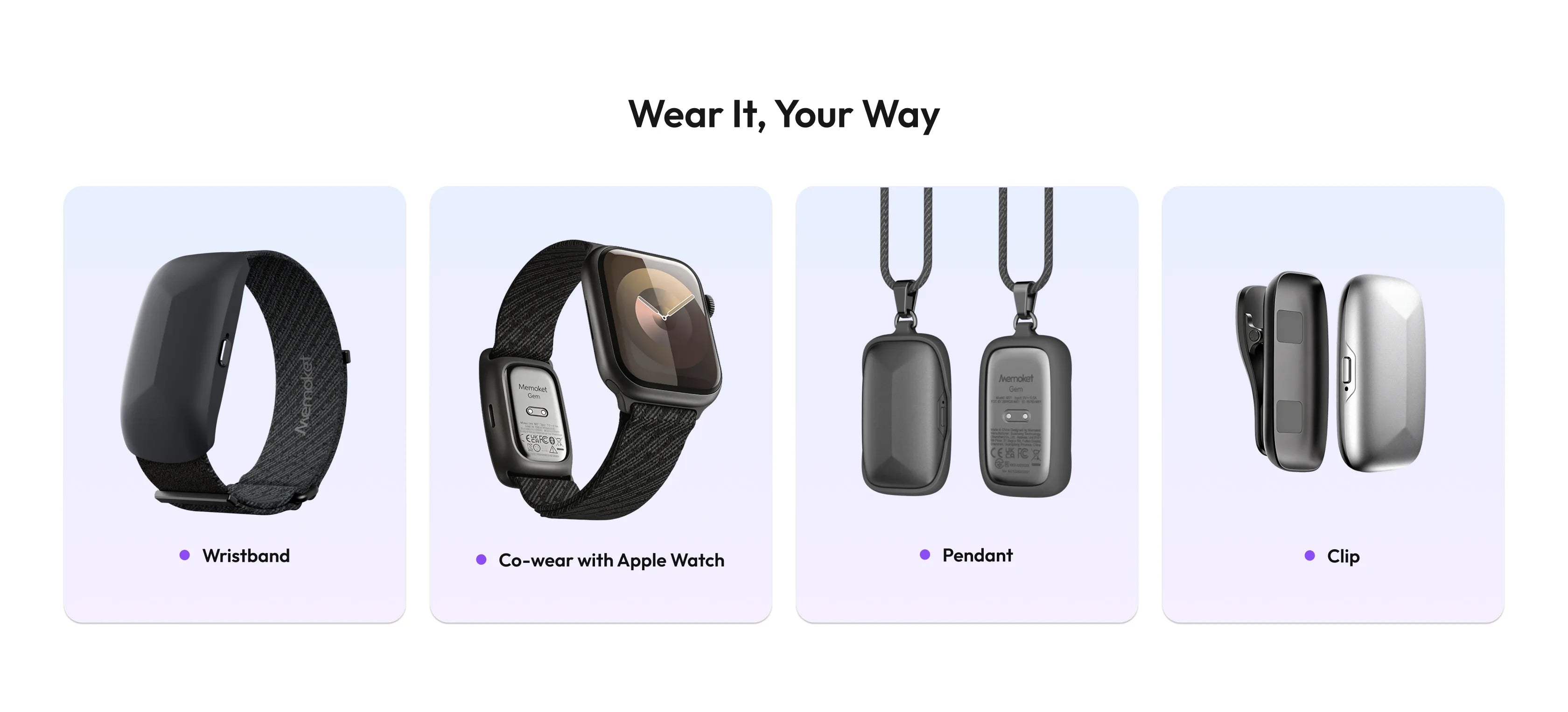 Memoket-Tragevarianten: Armband, Apple Watch, Anhänger und Clip