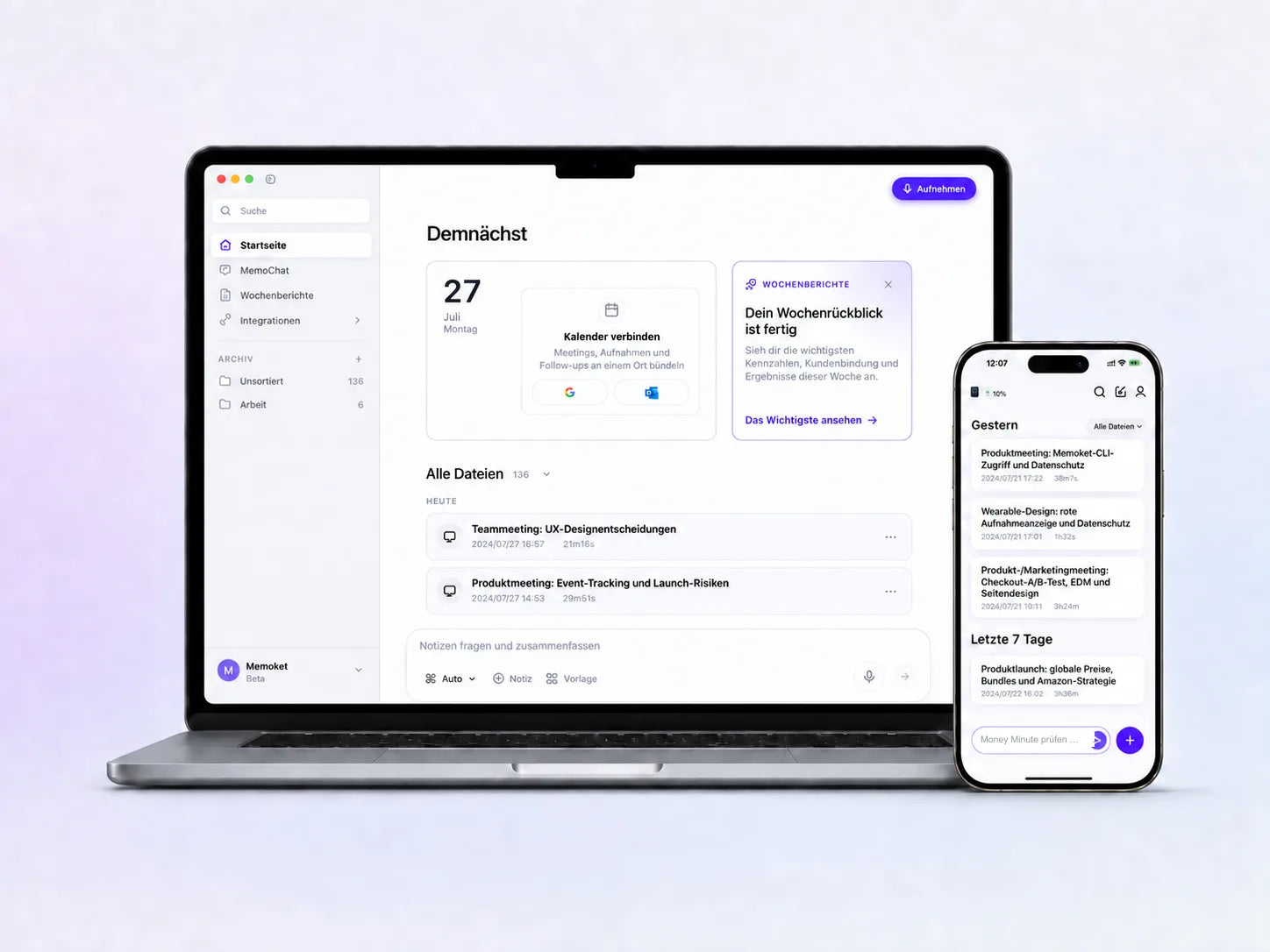 Ansichten der Memoket App auf Desktop und Mobilgeräten