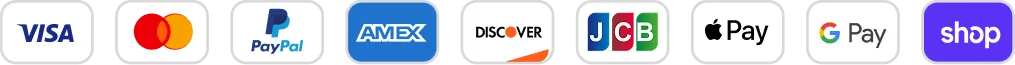 Akzeptierte Zahlungsmethoden: Visa, Mastercard, PayPal, American Express, Discover, JCB, Apple Pay, Google Pay und Shop Pay