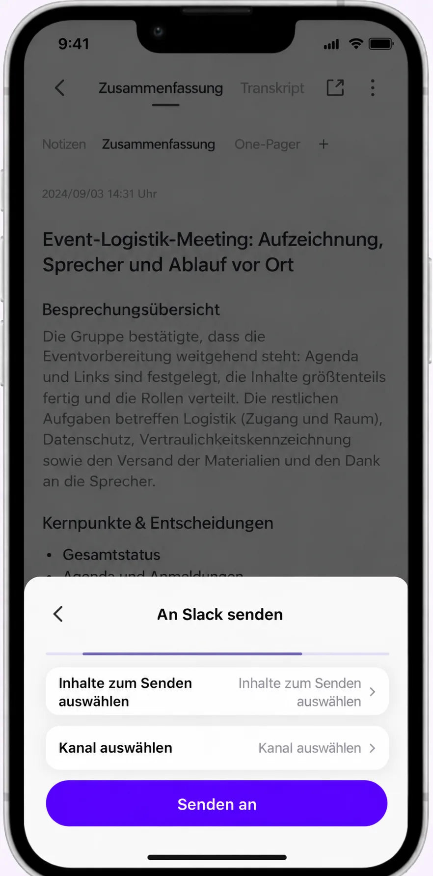 Slack im Teilen-Menü wählen